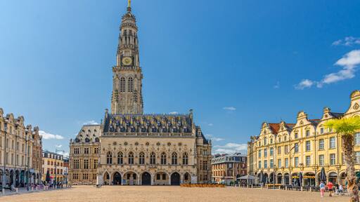 Cityscape of Arras town with Hotel de Ville town hall building, Flemish-Baroque-style townhouses on La Petite Place des Heros Heroes Square, Pas-de-Calais department, Hauts-de-France Region, France