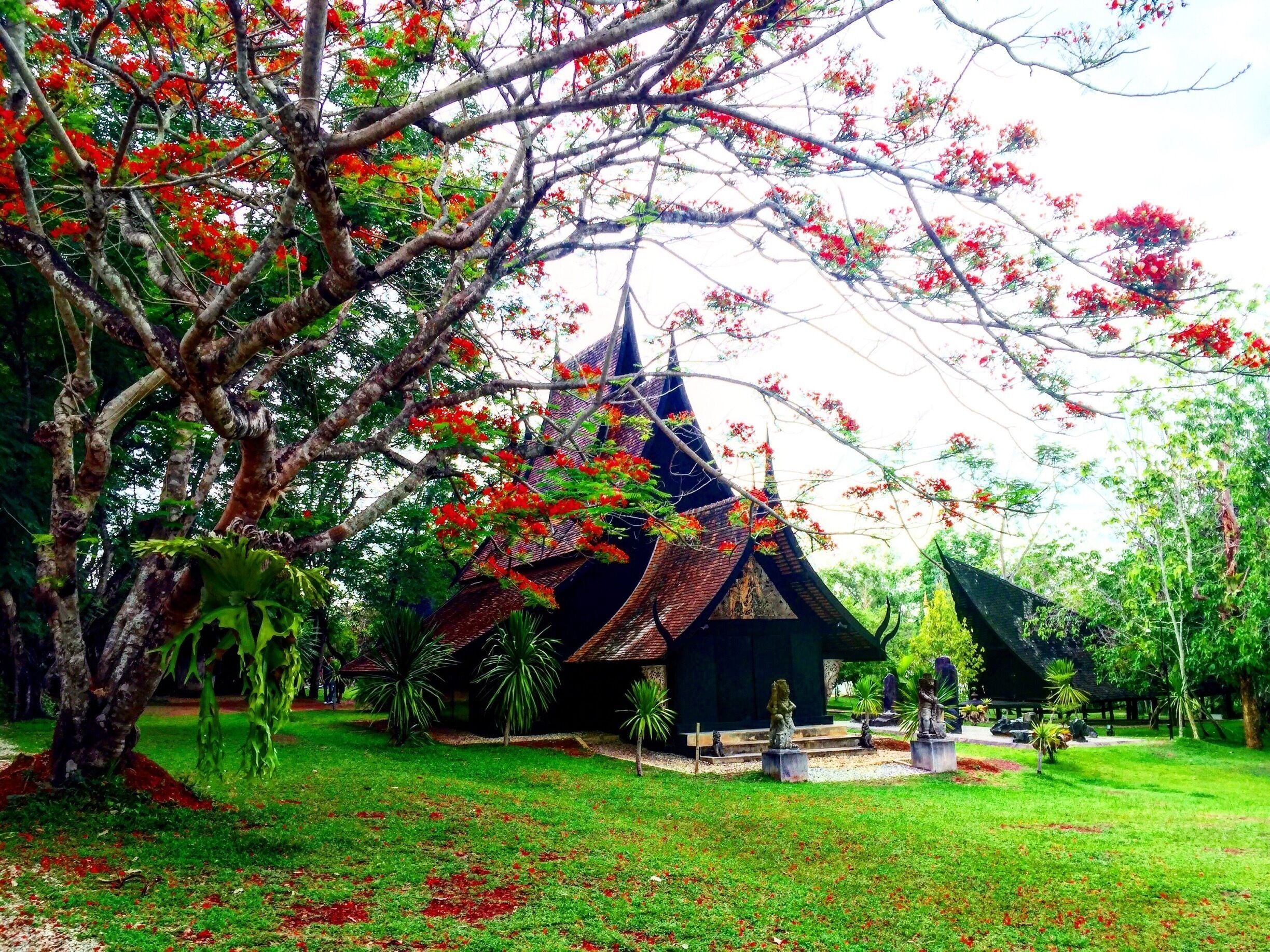 A traditional temple with a steep, dark roof, surrounded by lush greenery and red flowers.