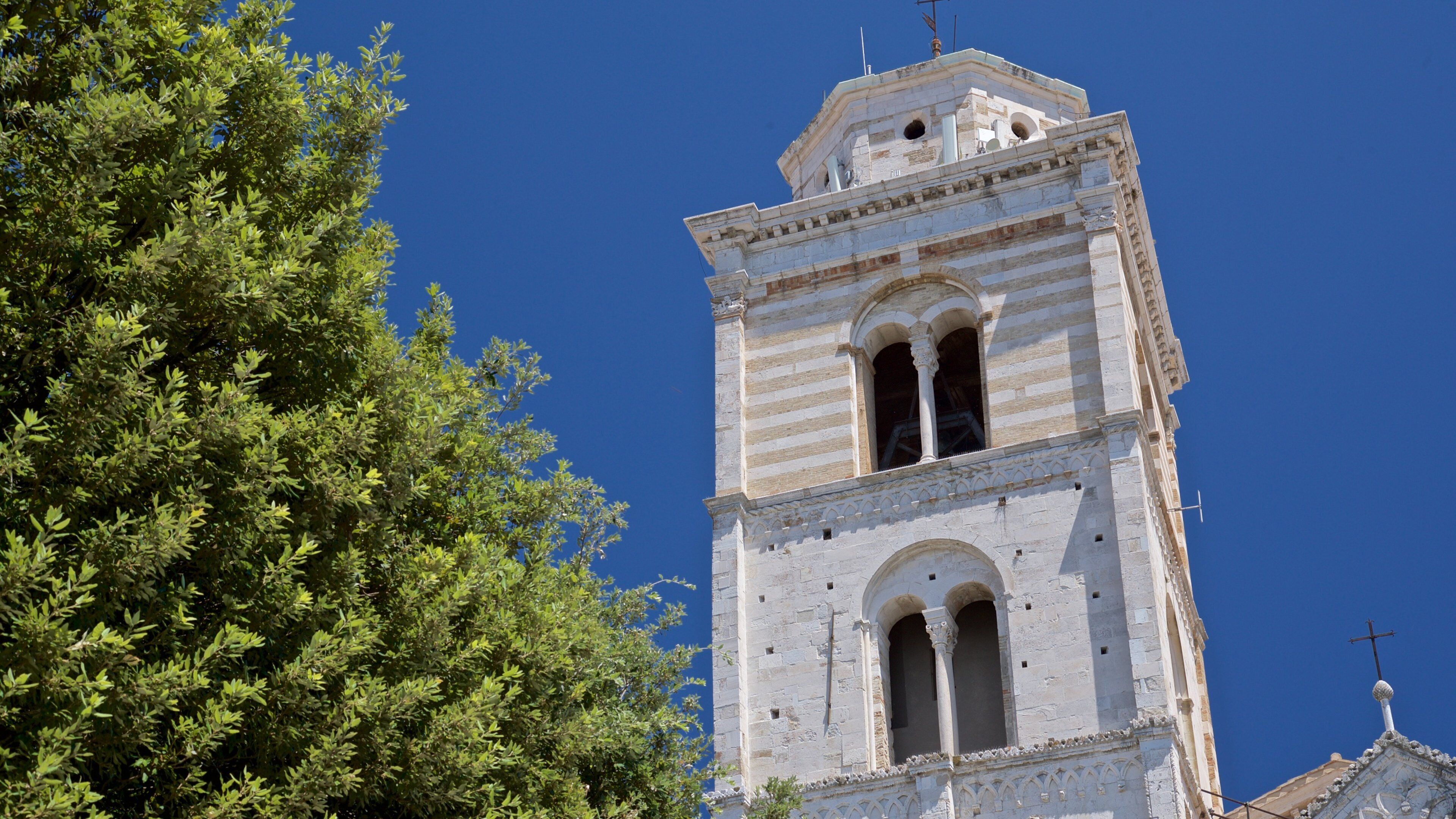 A tall church tower with arched windows and a cross on top, surrounded by trees.
