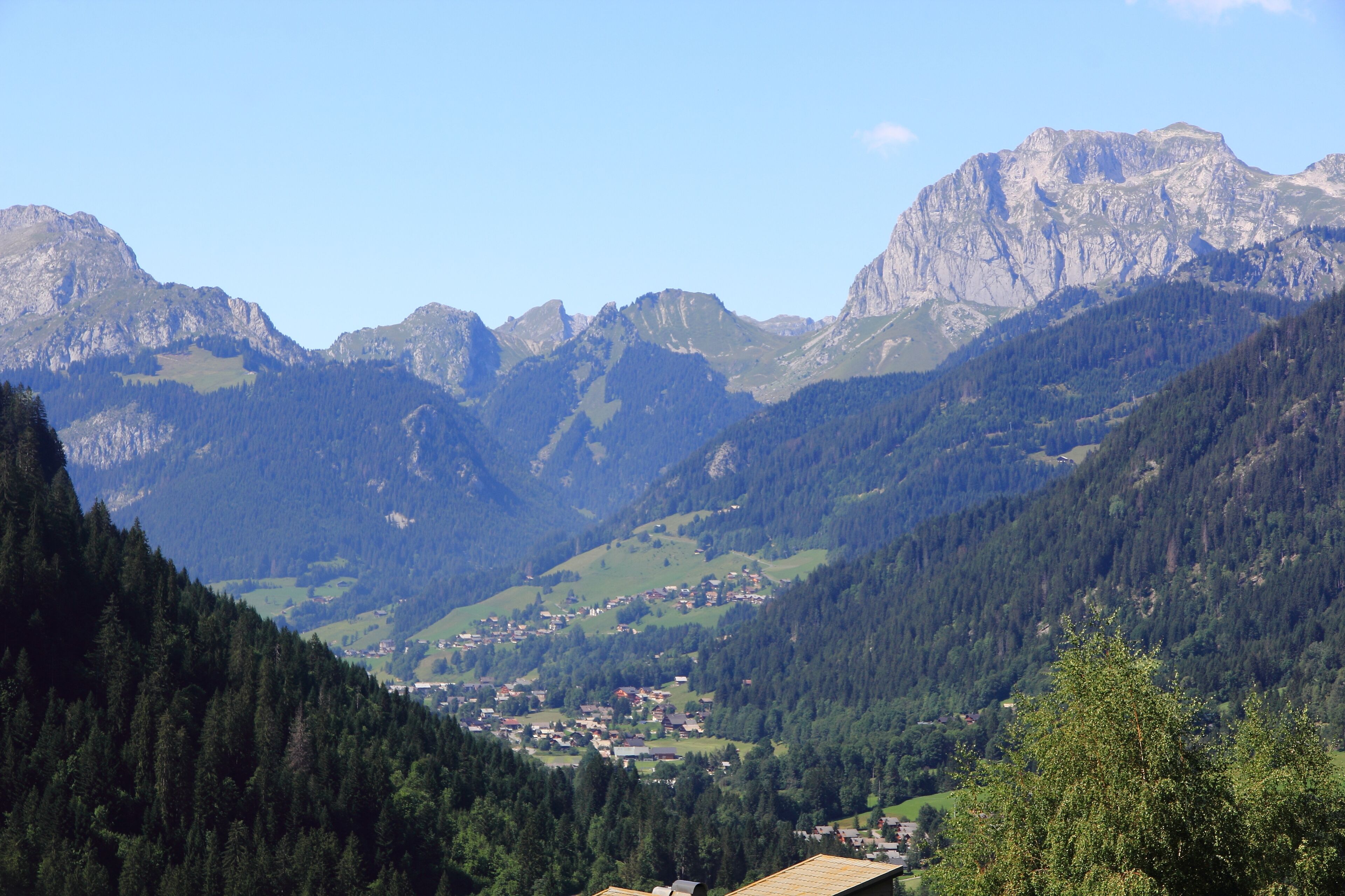 A mountainous landscape with a valley, dense forests, and a small town nestled among the hills.
