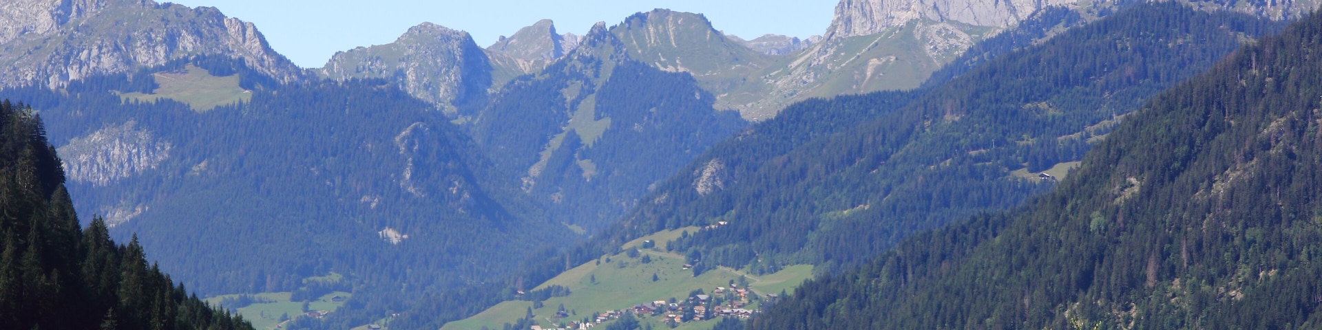 A mountainous landscape with a valley, dense forests, and a small town nestled among the hills.