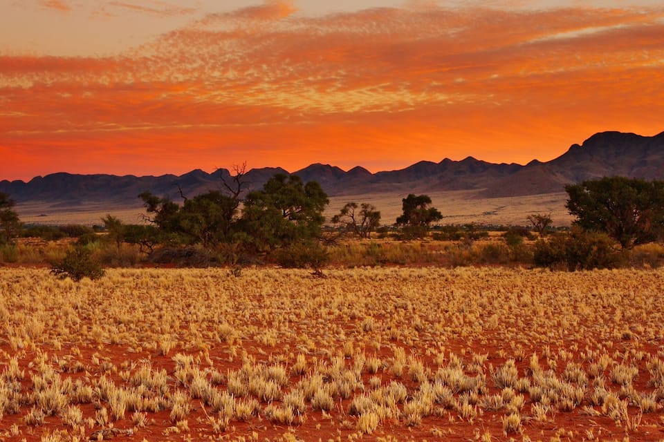 Paisaje desértico con vegetación escasa, una cadena montañosa destacada y un cielo al atardecer.