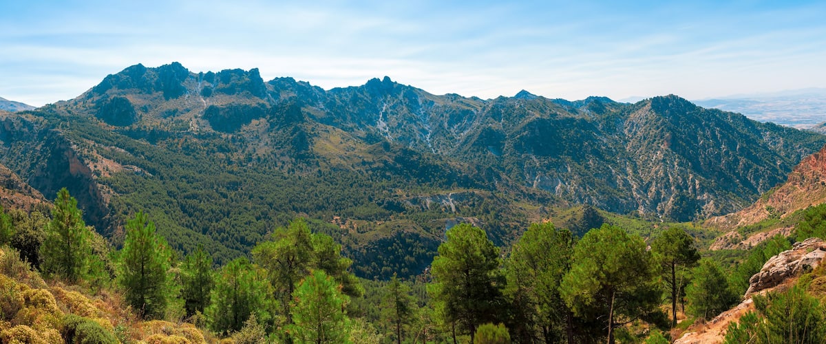 A mountainous landscape with dense forests and rocky terrain.