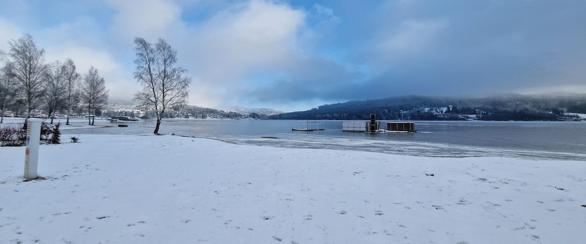 A snow-covered landscape with a frozen lake, leafless trees, and distant mountains under a cloudy sky.