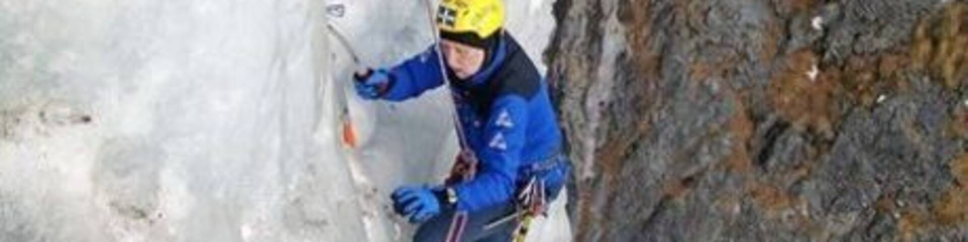 Ascending Le Pylon near La Grave, France. This is a Category 3 (French) ice climb up a two pitch frozen waterfall. The whole area is a steep sided valley with many waterfalls like this which are safely frozen over the winter months. La Grave is a small village which is a Mecca for this type of activity along with ski-mountaineering. In the summer cycling takes over. #iceclimbing #mountaineering #lagrave #climbing