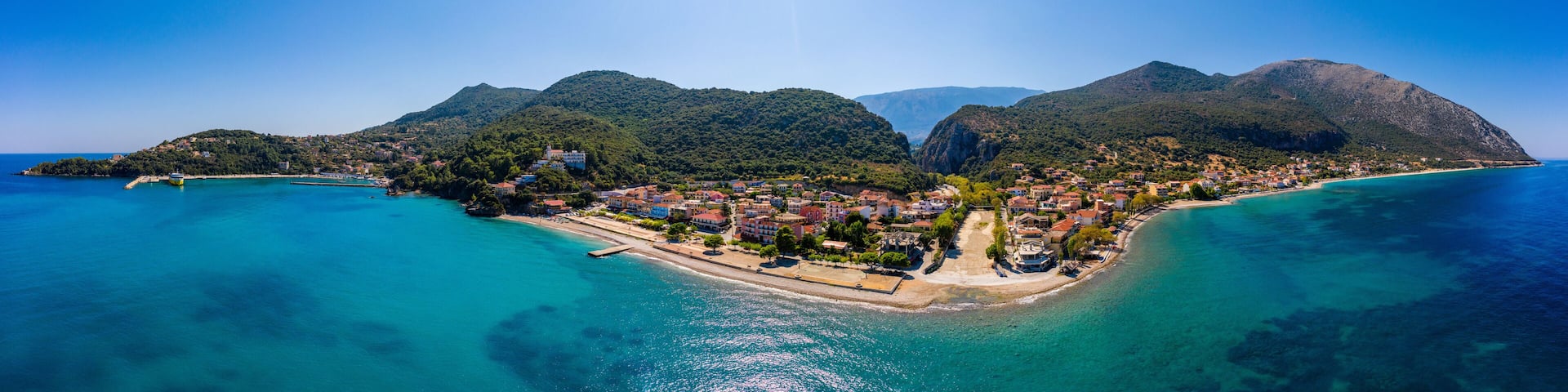 Aerial view of city of Poros, Kefalonia island in Greece. Poros city in middle of the day. Cephalonia or Kefalonia island, Ionian Sea, Greece. Poros village, Kefalonia island, Ionian islands, Greece.