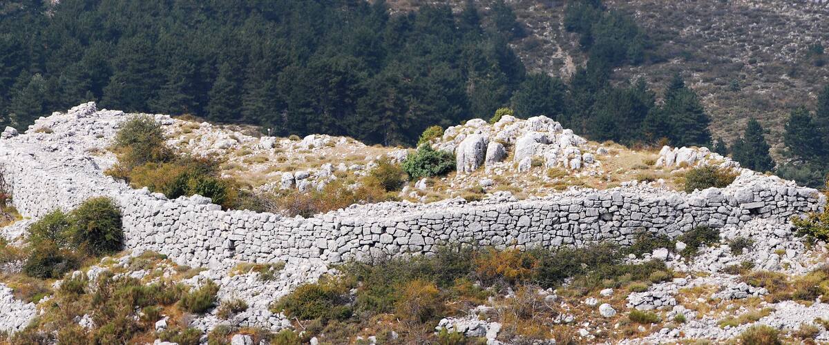 A stone wall winding through a mountainous landscape with dense forests in the background.