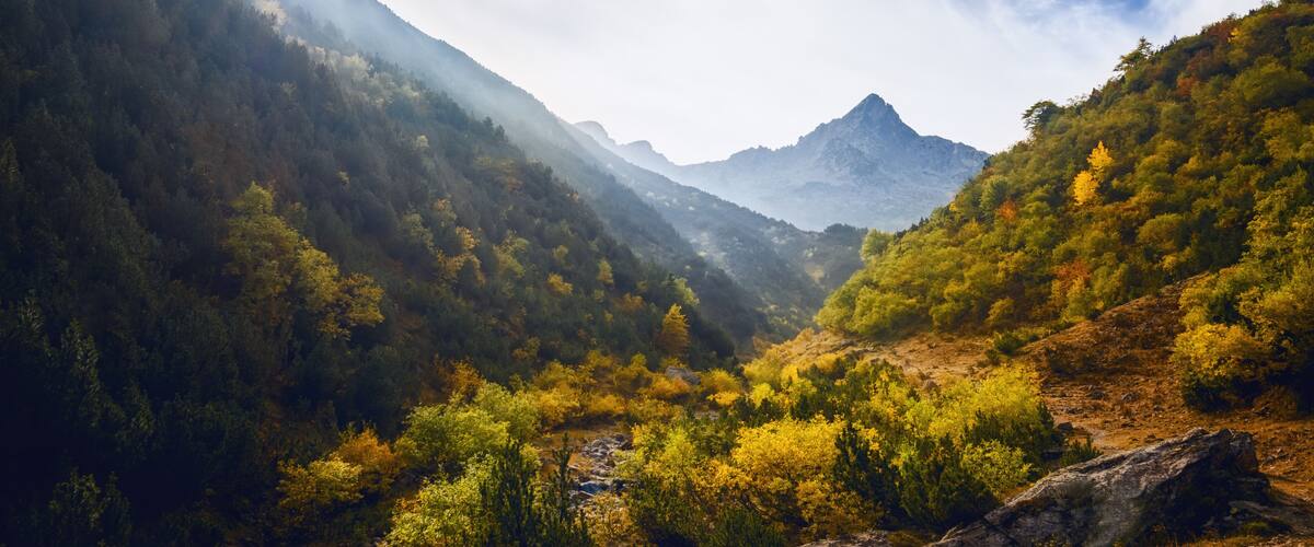 A mountainous landscape with dense forests, a river, and a prominent peak in the distance.