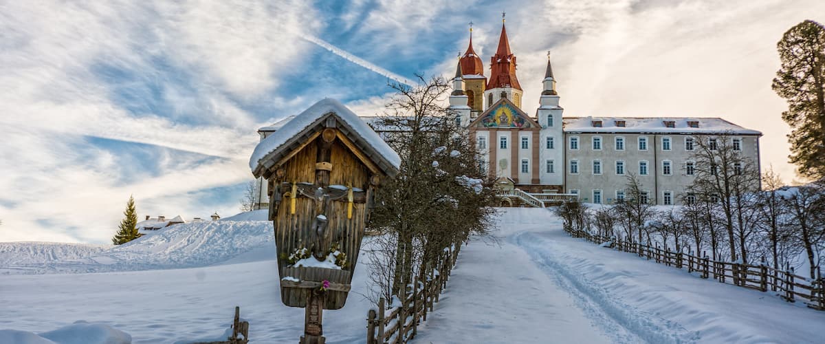 Monastery of Pietralba near Monte San Pietro, Nova Ponente, South Tyrol, Italy. The most important sanctuary of South Tyrol. Winter view with snow.