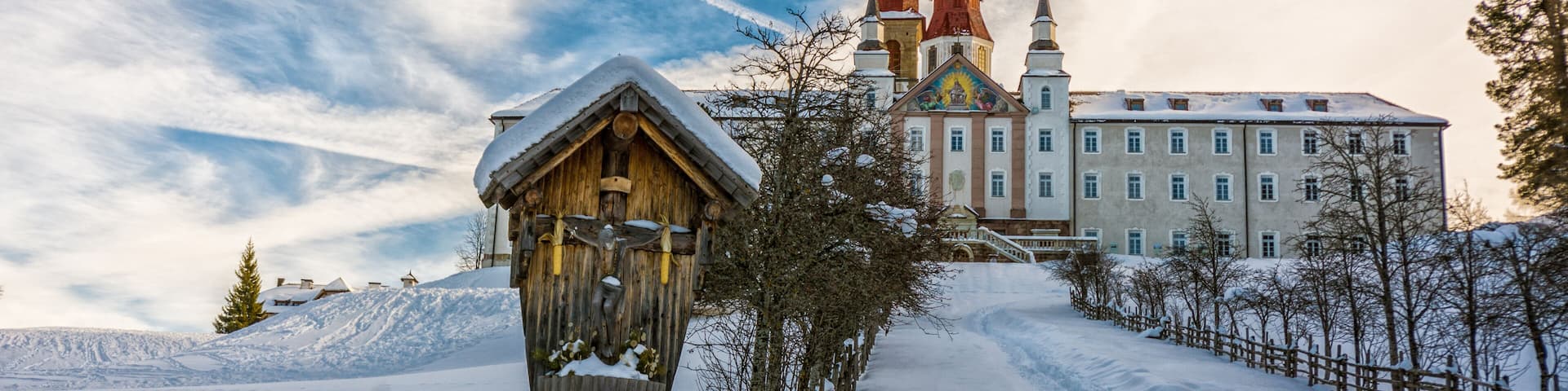 Monastery of Pietralba near Monte San Pietro, Nova Ponente, South Tyrol, Italy. The most important sanctuary of South Tyrol. Winter view with snow.