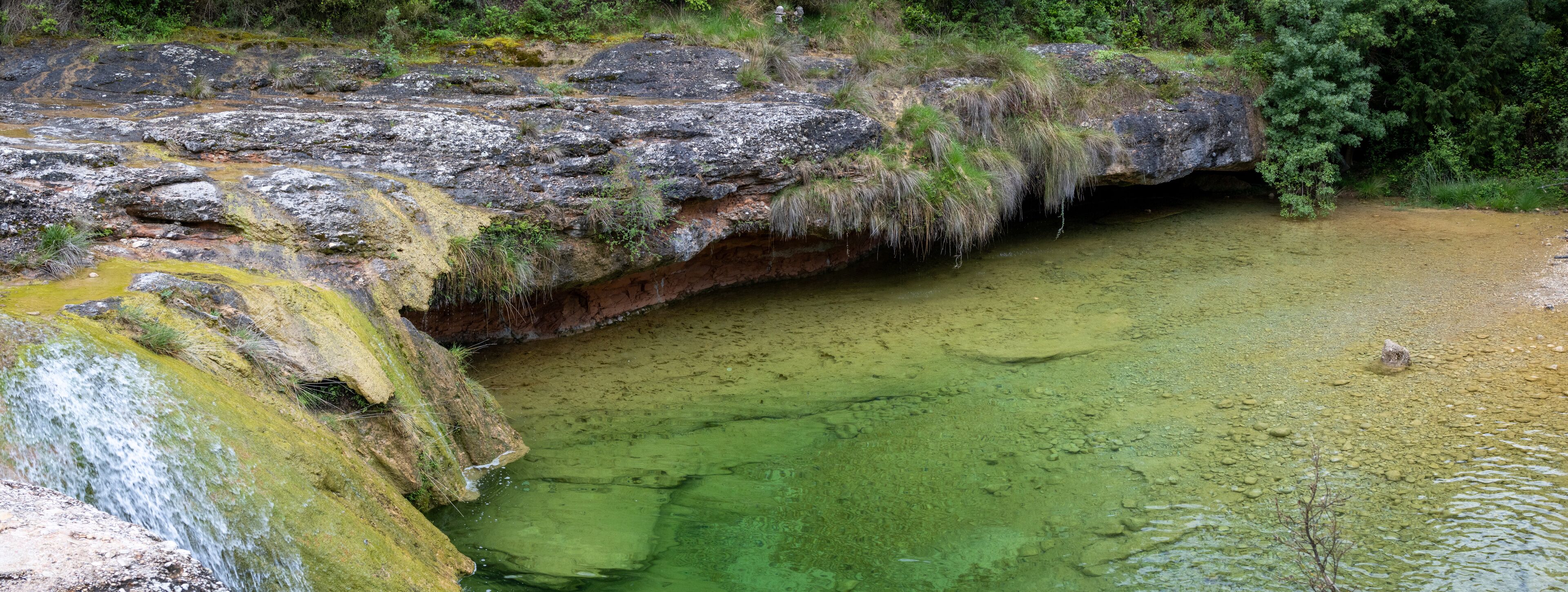 A waterfall flowing over rocks into a green pool surrounded by dense greenery.