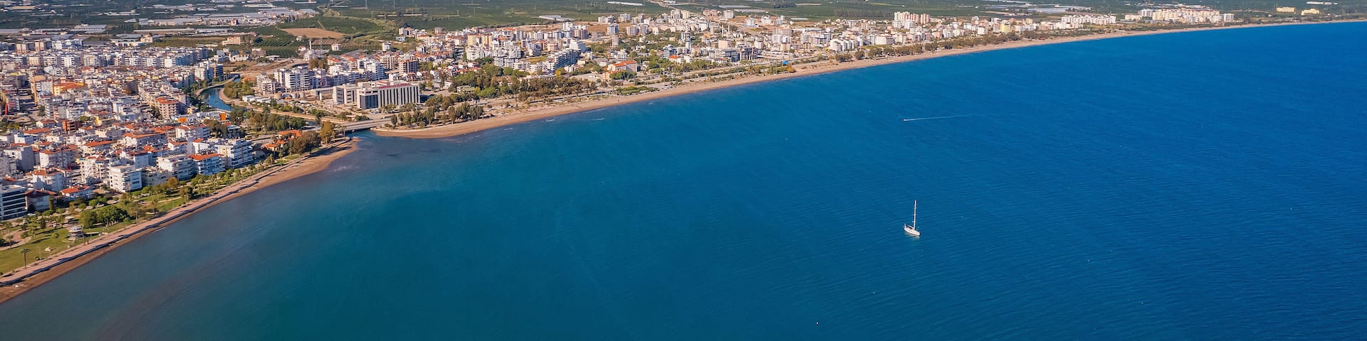 Aerial top View marina in Finike of Antalya Turkey. Landscape summer time