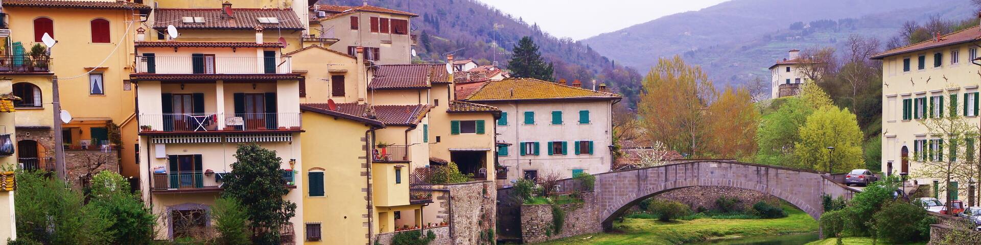 The torrent Comano in the village of Dicomano, Tuscany, Italy