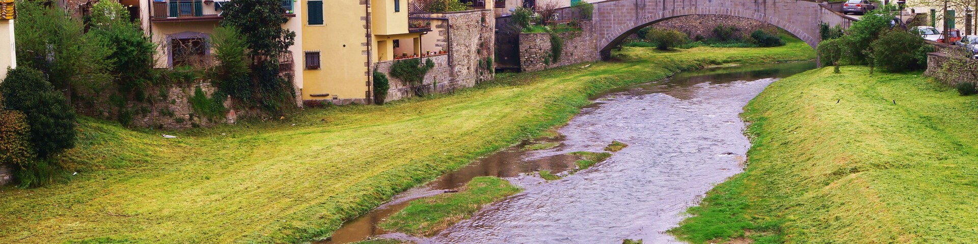 A river flowing through a town with buildings and a stone bridge.