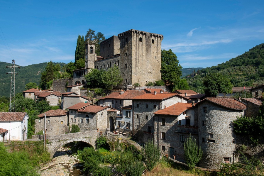 A medieval castle atop a hill, surrounded by stone buildings with red-tiled roofs, a stone bridge, and lush greenery.