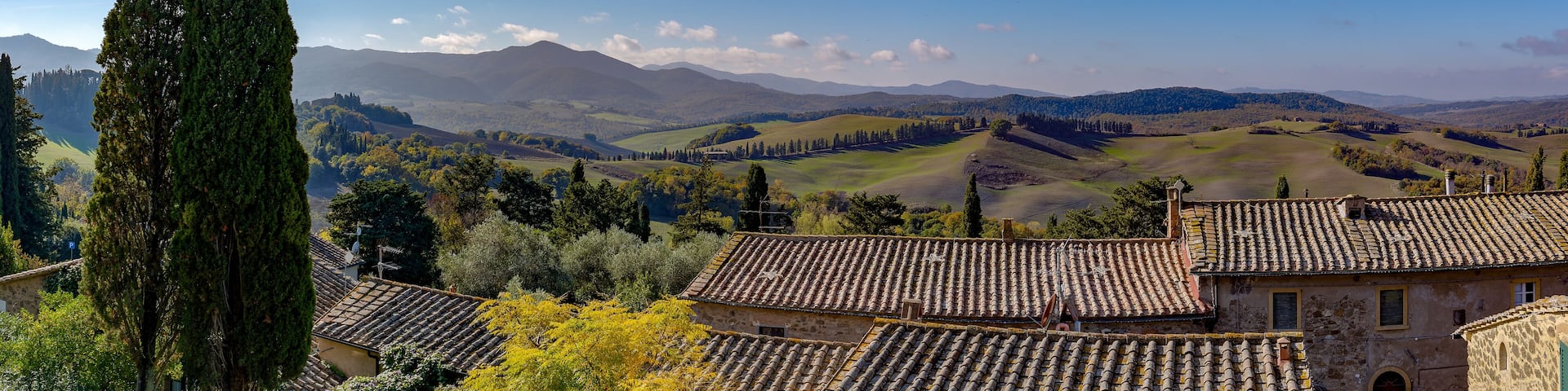 Panorama of the countryside and the town of Montegemoli near Pomarance Alta val di Cecina Tuscany Italy