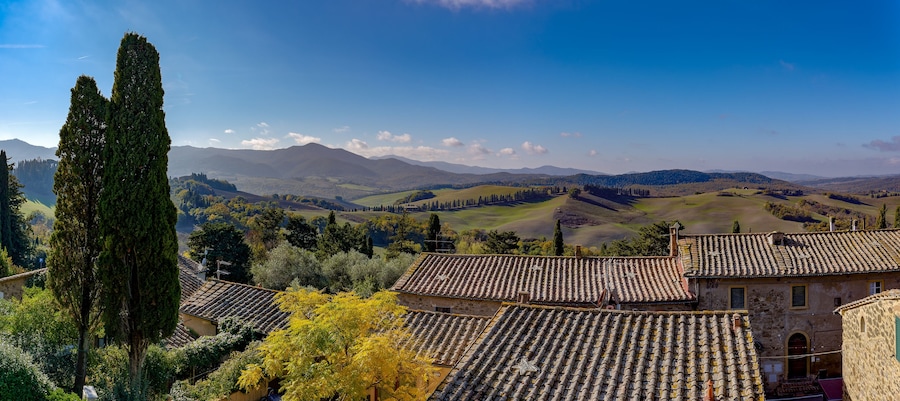 Panorama of the countryside and the town of Montegemoli near Pomarance Alta val di Cecina Tuscany Italy