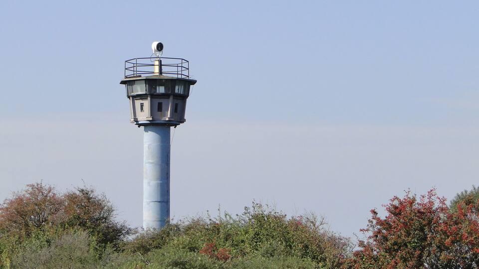 A tall lighthouse with a surveillance camera on top, surrounded by dense foliage.