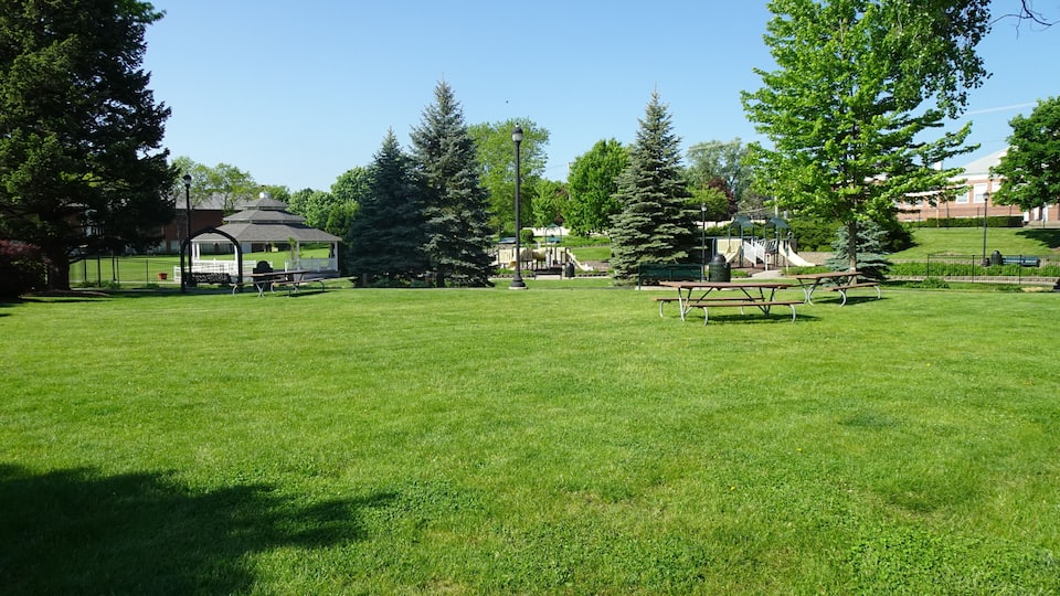 A park with picnic tables, a gazebo, playground equipment, and a large tree.