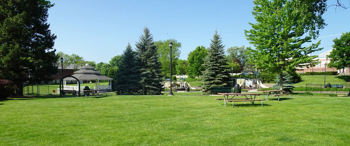 A park with picnic tables, a gazebo, playground equipment, and a large tree.