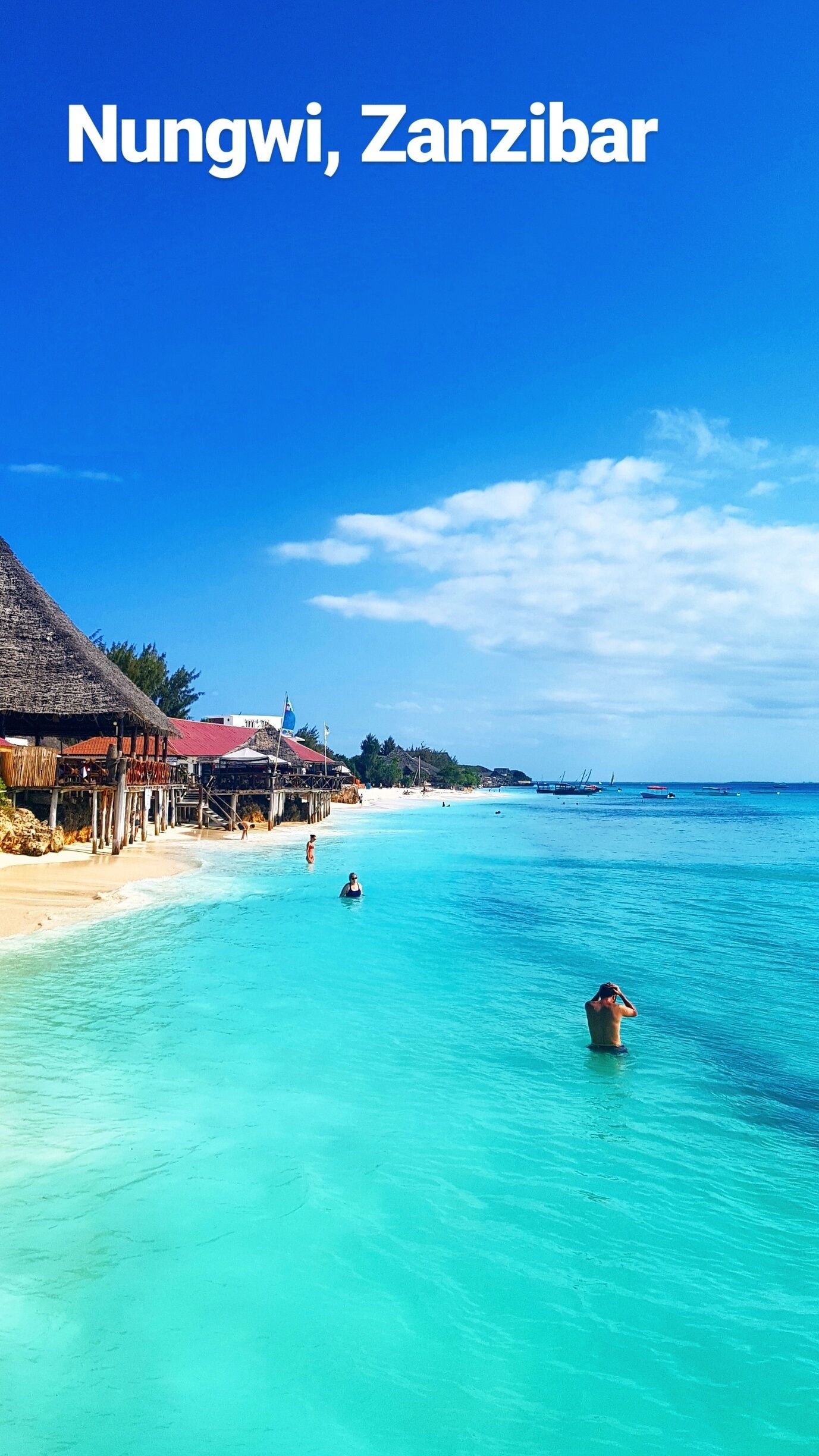 A beach in Zanzibar with clear turquoise waters, a thatched-roof hut, and a boat in the distance.