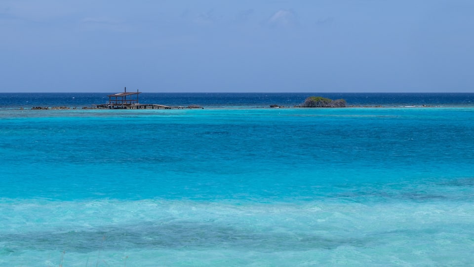 A turquoise sea with a wooden pier and a small island with vegetation.