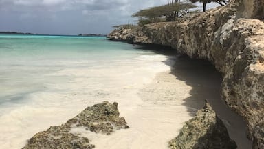 A beach with clear turquoise water, rocky outcrops, and sparse vegetation.