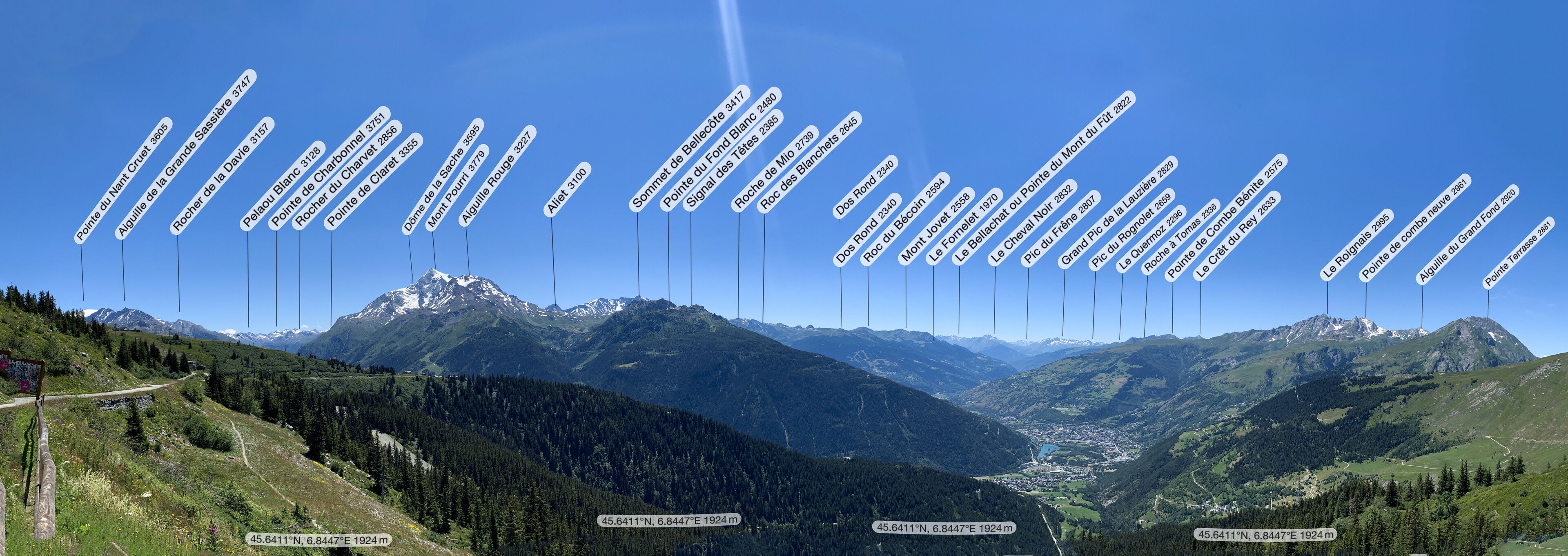 A mountainous landscape with multiple peaks labeled with names and elevations.
