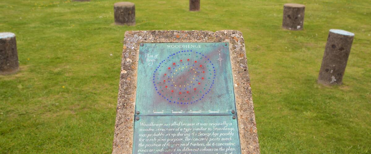 Woodhenge showing signage, outdoor art and a monument