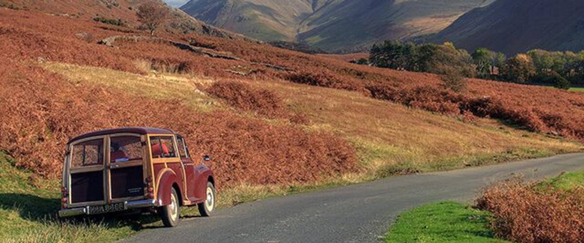 Old and older... Scafell from below Buckbarrow, with a nicely-positioned vintage Morris Traveller.