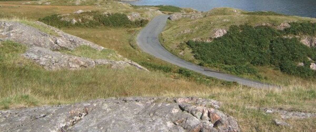 Un camino serpenteante a través de un paisaje montañoso, con un lago al fondo.
