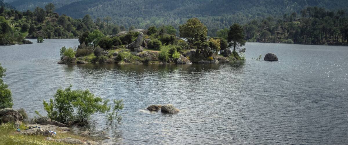A lake surrounded by mountains and trees.