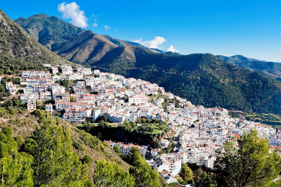View of town and surrounding countryside, Ojen, Malaga Province, Andalusia, Spain