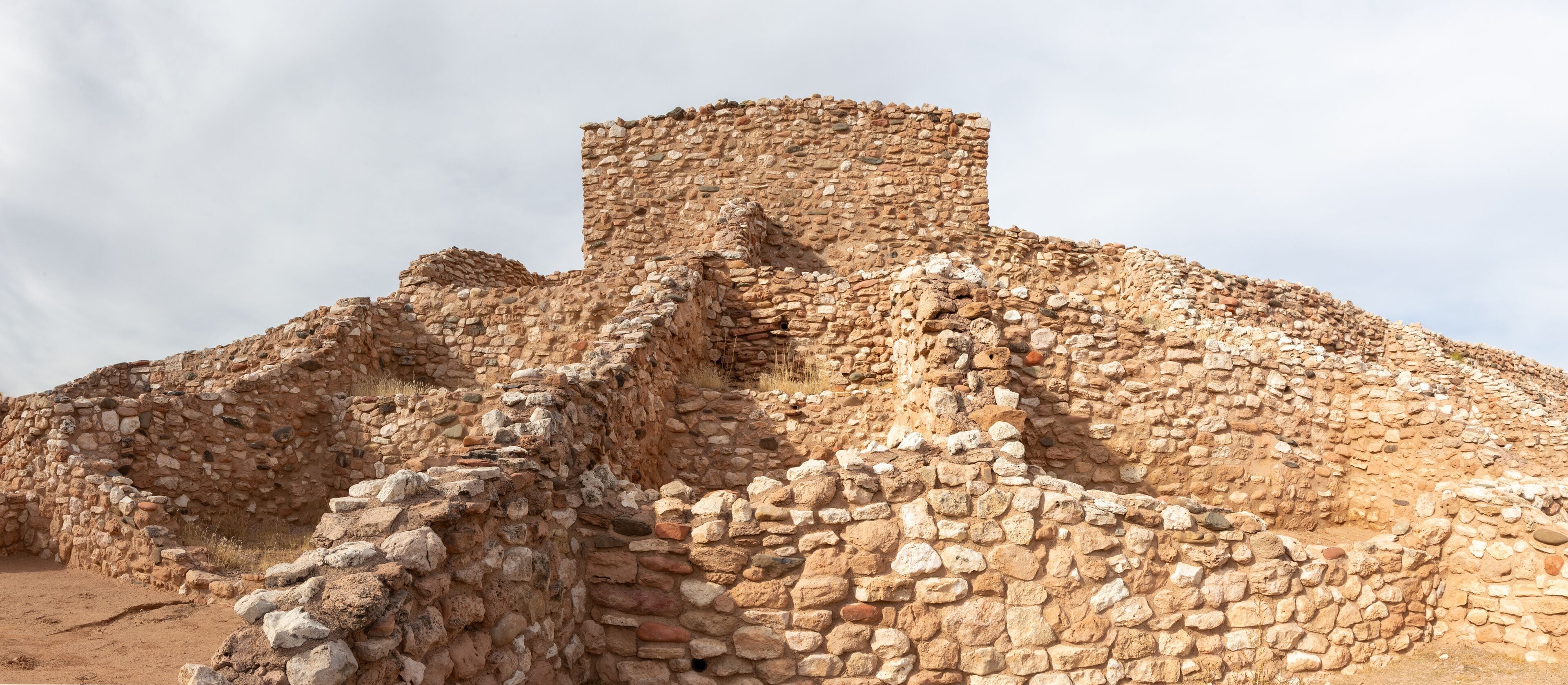Ancient Native Apache Indian Pueblo Old Indigenous Sinagua Stone Ruins Panoramic Exterior View. Tuzigoot National Monument Clarkdale Arizona Southwest US