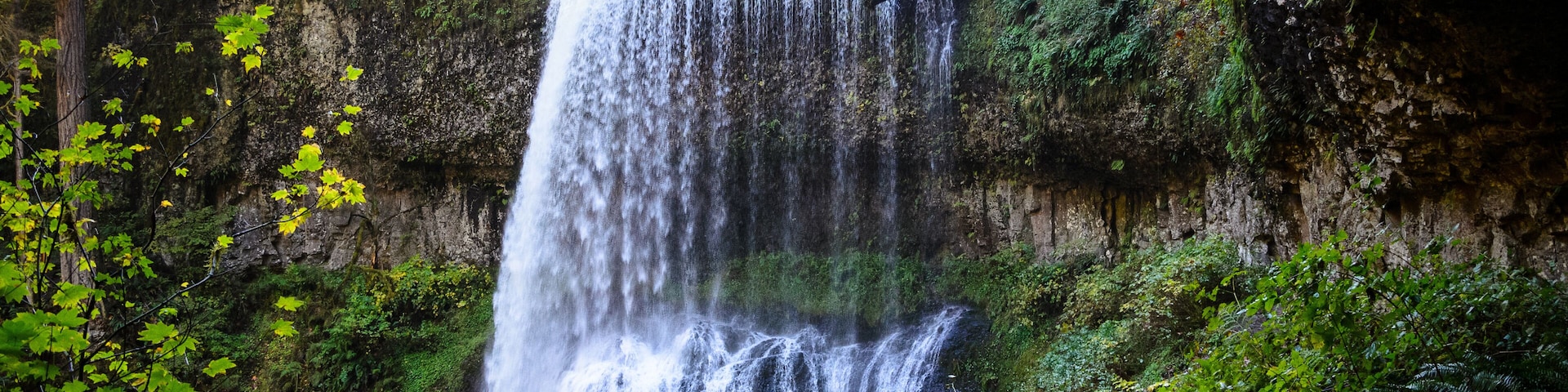 A waterfall cascading down a rocky cliff surrounded by lush greenery.