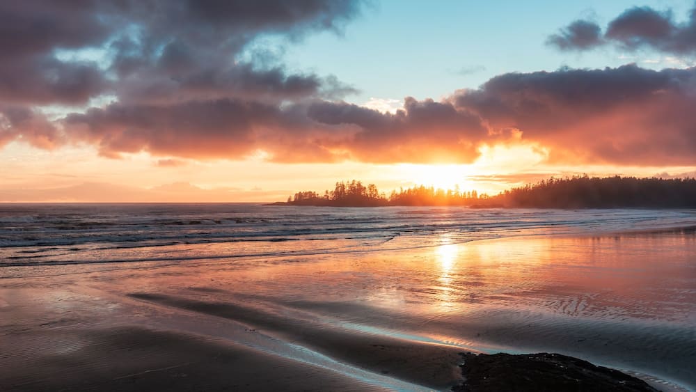 A beach at sunset with waves, a forest in the background, and a cloudy sky.