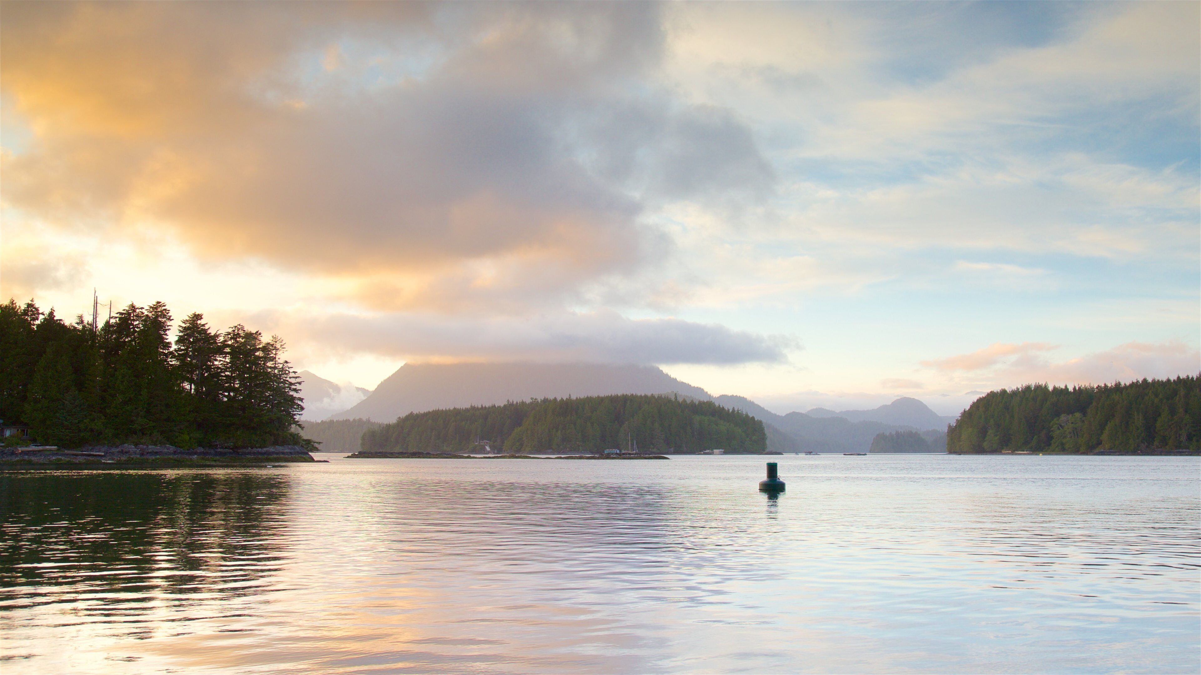 A calm lake with a forested island and mountains in the background.