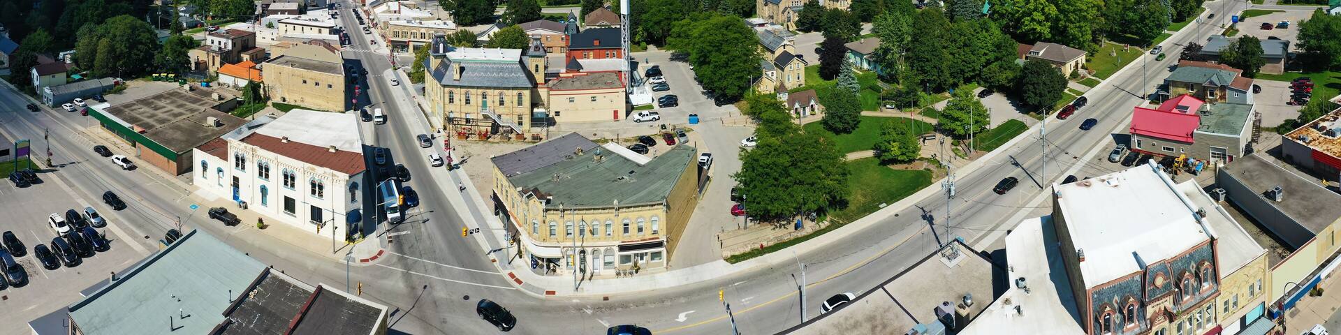 Aerial view of Clinton, Ontario, Canada on a fine morning 4K