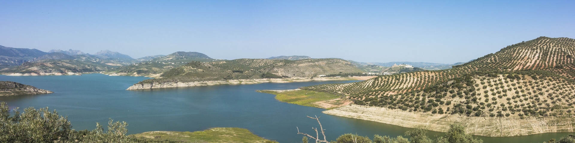 A coastal landscape with a large body of water, terraced fields, and distant mountains.