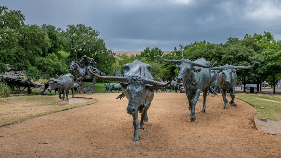 A collection of bronze statues of cattle and a cowboy on horseback in a park.