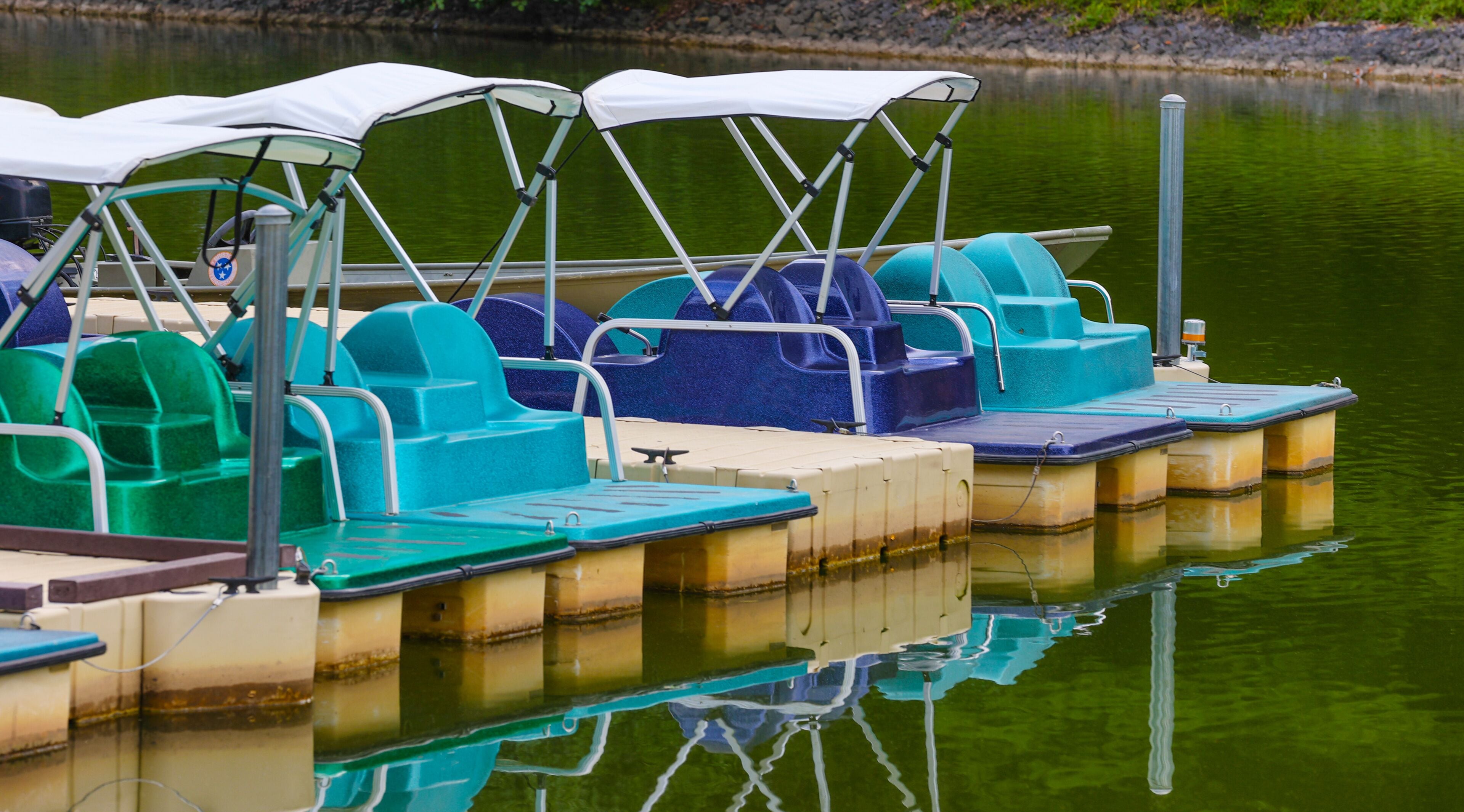 Paddle boats docked at Steel Lake Park in Bristol Tennessee