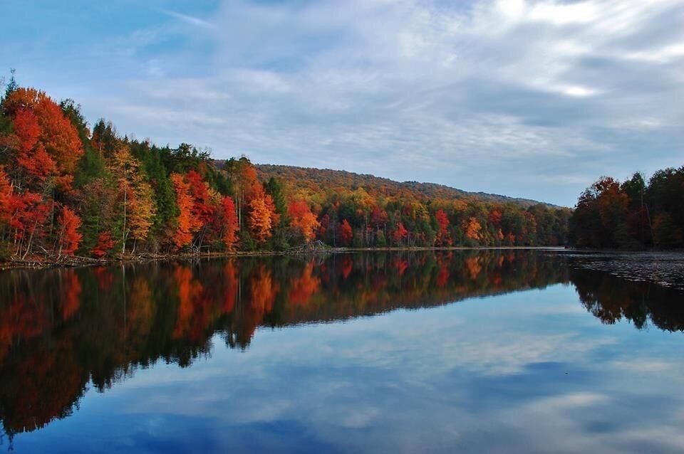Iconic view from the dam at Bays Mountain Park in Kingsport, Tennessee. This place is beautiful no matter what season it is!! 🍁

#baysmountain #fall #leaves #reflections #clouds #beautifulday #fall2015 #whataview