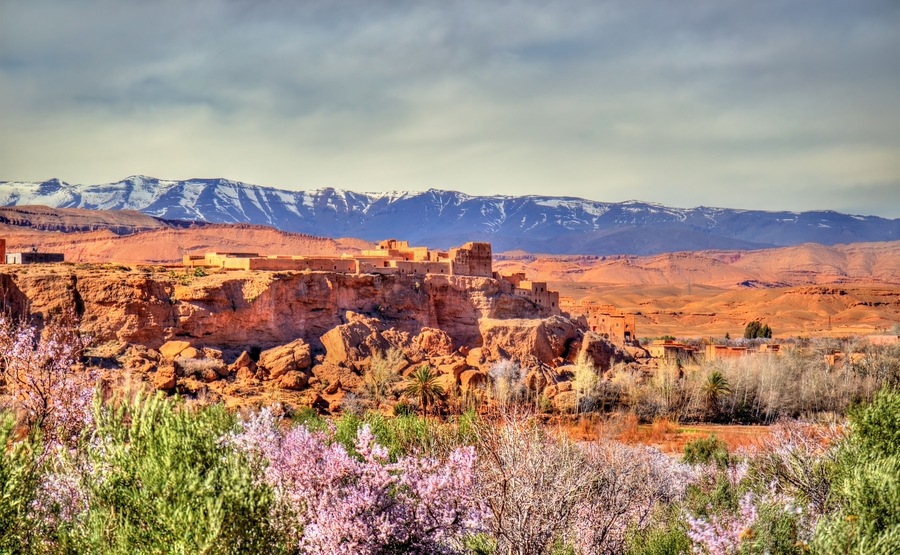 Snowy High Atlas Mountains above Kalaat M'Gouna town in Morocco