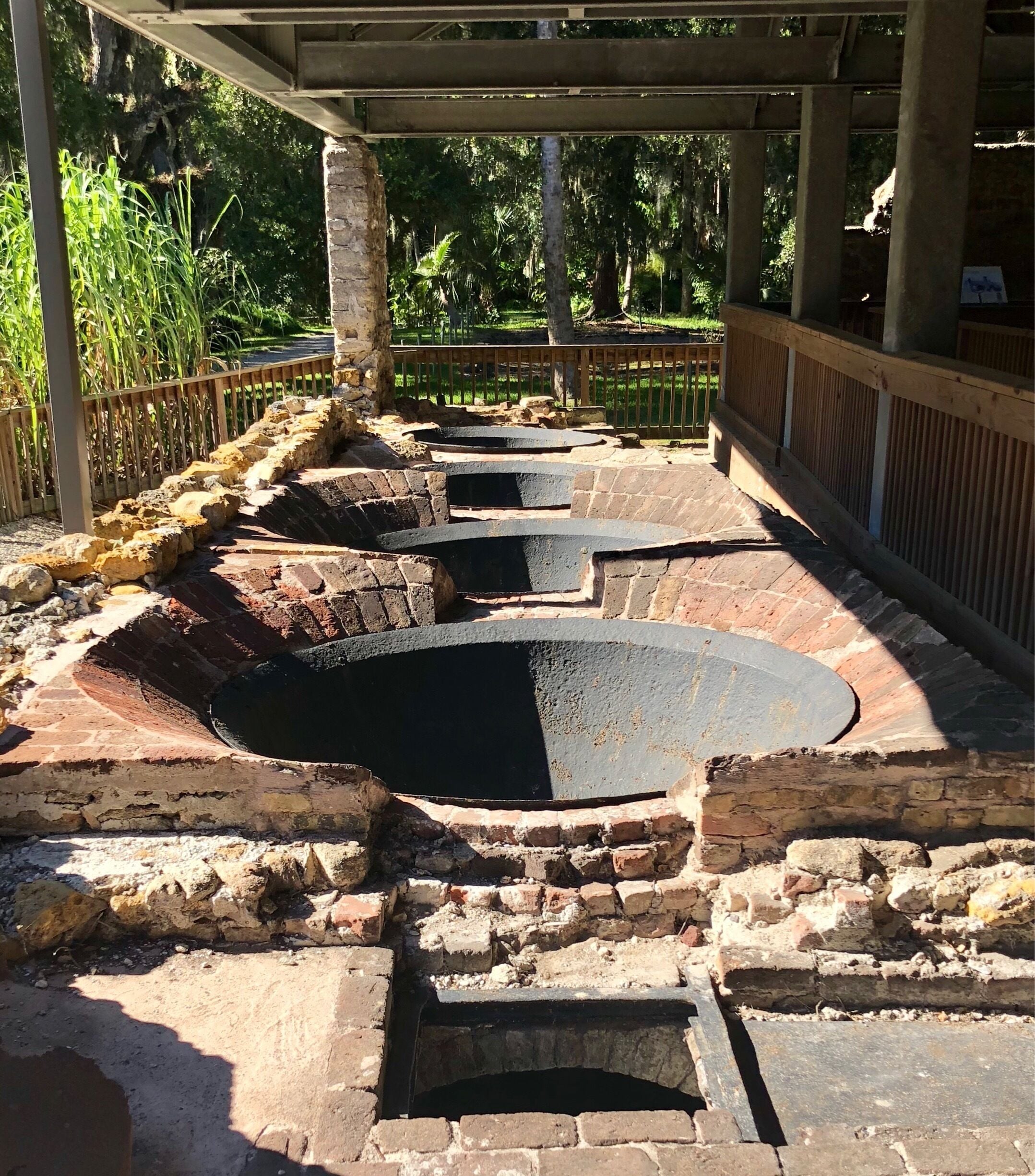 Burned to the ground in 1835 during the Seminole Wars the ruins of the sugar mill include these cooking kettles.  Liquid was extracted from the sugar cane by a large press. The liquid was than placed in these kettles and the liquid was boiled off leaving raw sugar crystals. It was a very labor intensive process requiring 25 enslaved people here at Dunlawton.