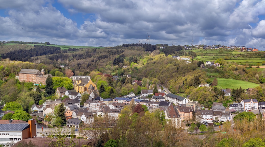 Panoramic aerial view of Schleiden town from a hill in Eifel Germany. High angle cityscape of historic architecture