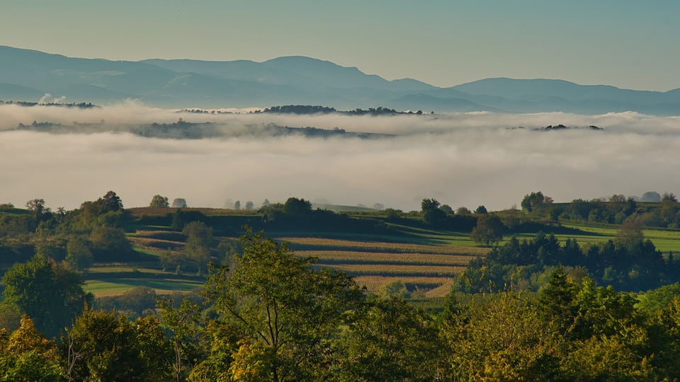 Rolling hills, a valley, and a distant mountain range.