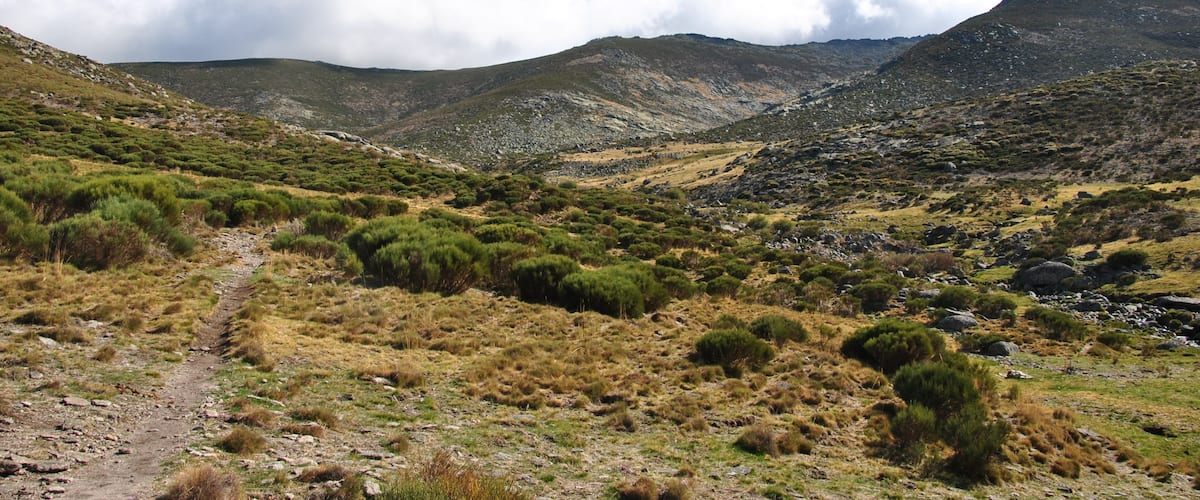 A mountainous landscape with a dirt path, green shrubs, and rocky terrain under a clear blue sky.