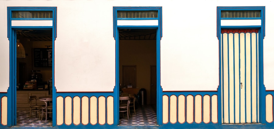 Three doors of a cafe in Filandia, Quindío, Colombia