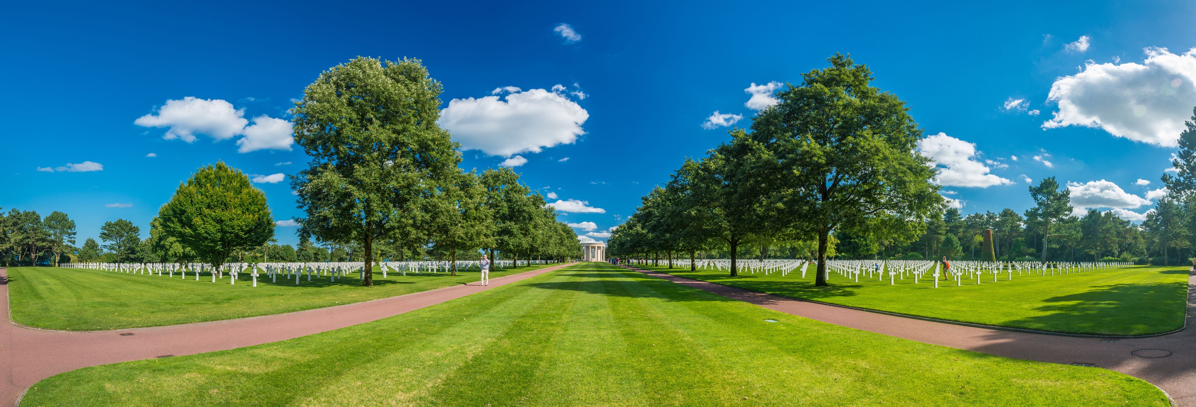 A cemetery with rows of white crosses under tall trees.