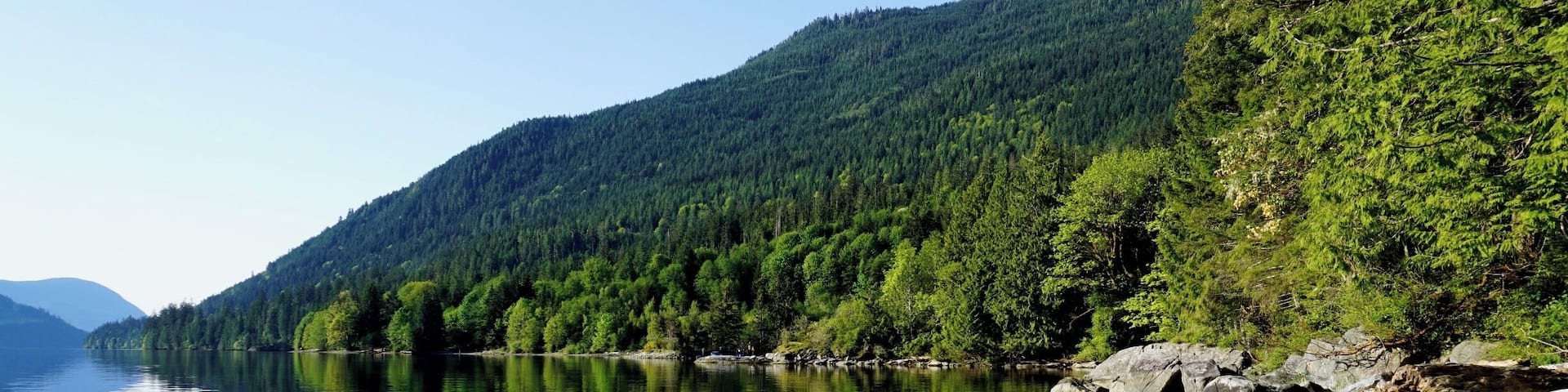 A calm lake surrounded by dense forest and mountains.